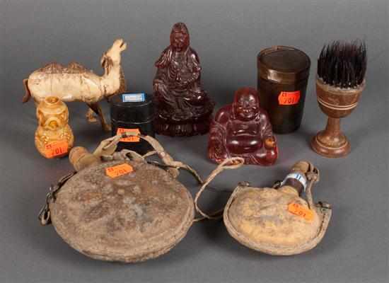 Appraisal: Assorted oriental items including resin Buddhas hide flasks horn cup