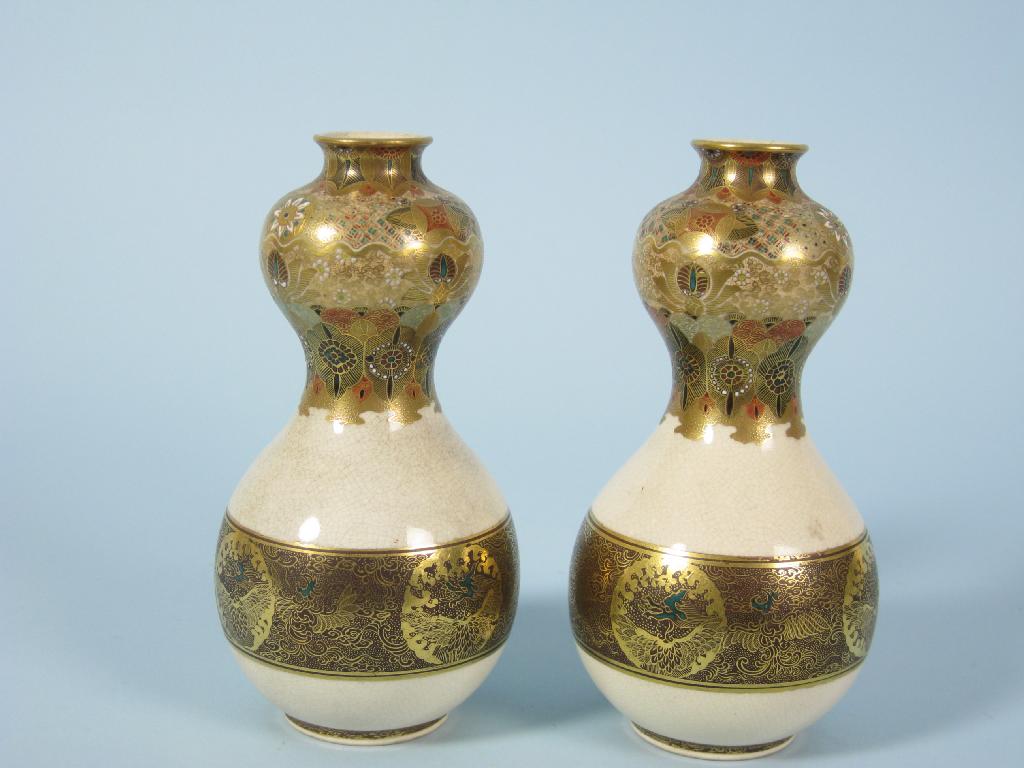 Appraisal: Pair of Satsuma gourd shape Vases with floral painted bands