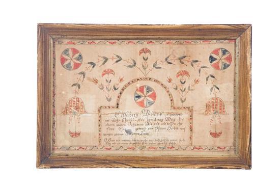 Appraisal: FRAKTUR BIRTH CERTIFICATE East-central Ohio watercolor and ink on laid