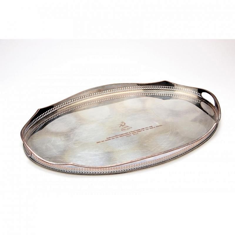 Appraisal: Vintage English Silver-over-Copper Presentation Gallery Tray oval form with pierced