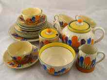 Appraisal: A Clarice Cliff crocus pattern teaset comprising teapot milk jug