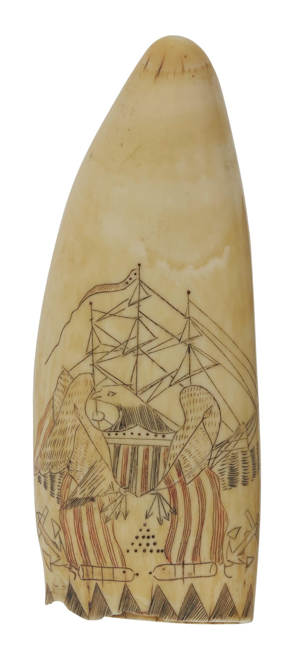 Appraisal: POLYCHROME SCRIMSHAW WHALE'S TOOTH WITH PATRIOTIC MOTIFS AND FLOWER VASE