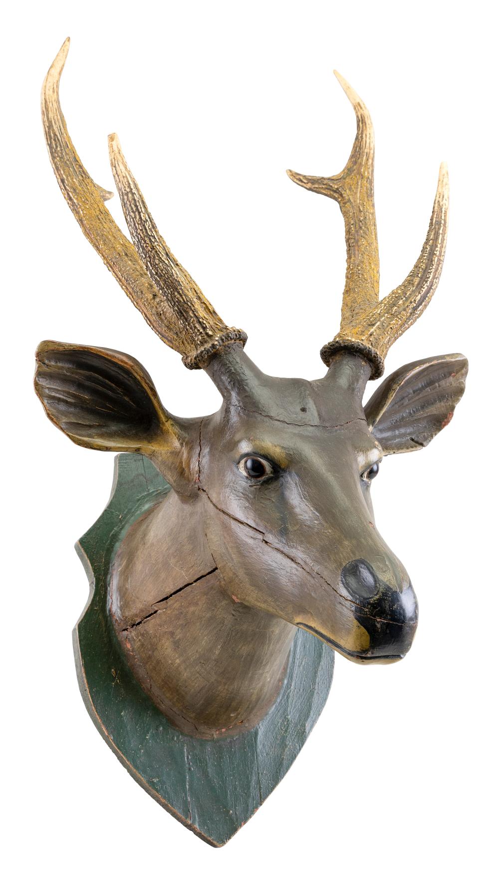 Appraisal: CARVED AND PAINTED WOODEN STAG S HEAD EARLY TH CENTURY