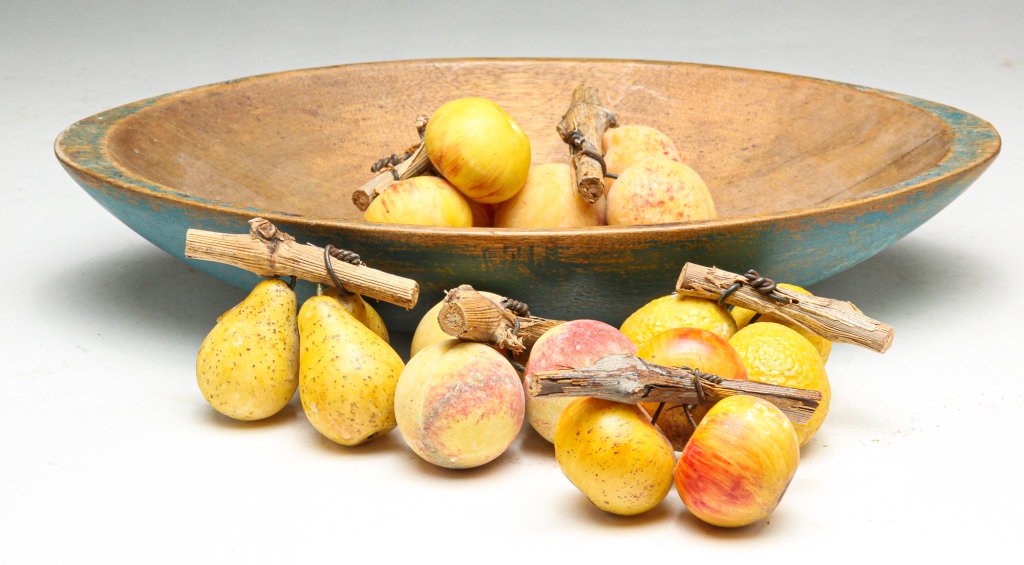 Appraisal: WOODEN BOWL WITH STONE FRUIT Late th- th century Small