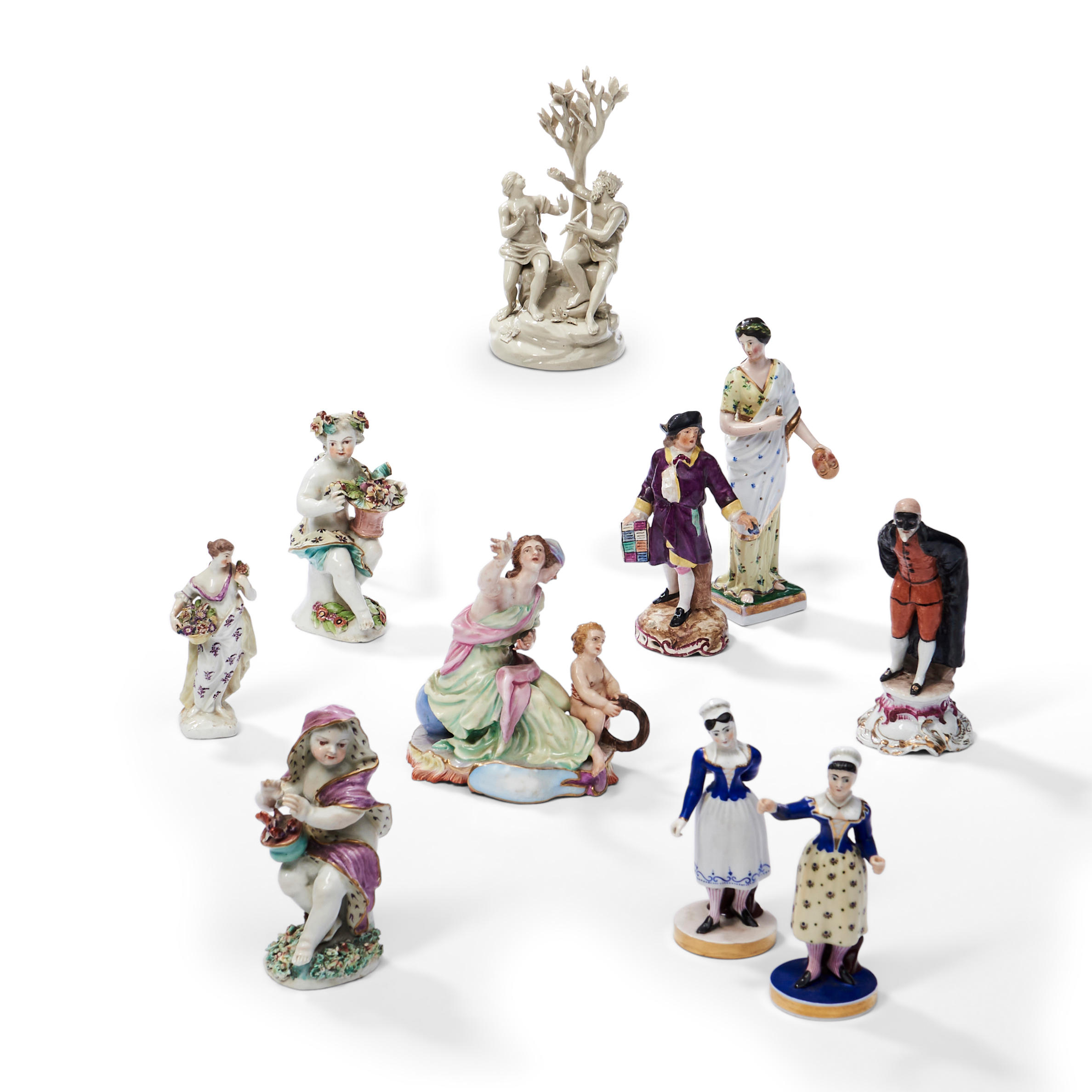 Appraisal: TEN ENGLISH AND CONTINENTAL PORCELAIN FIGURES including allegorical scenes and