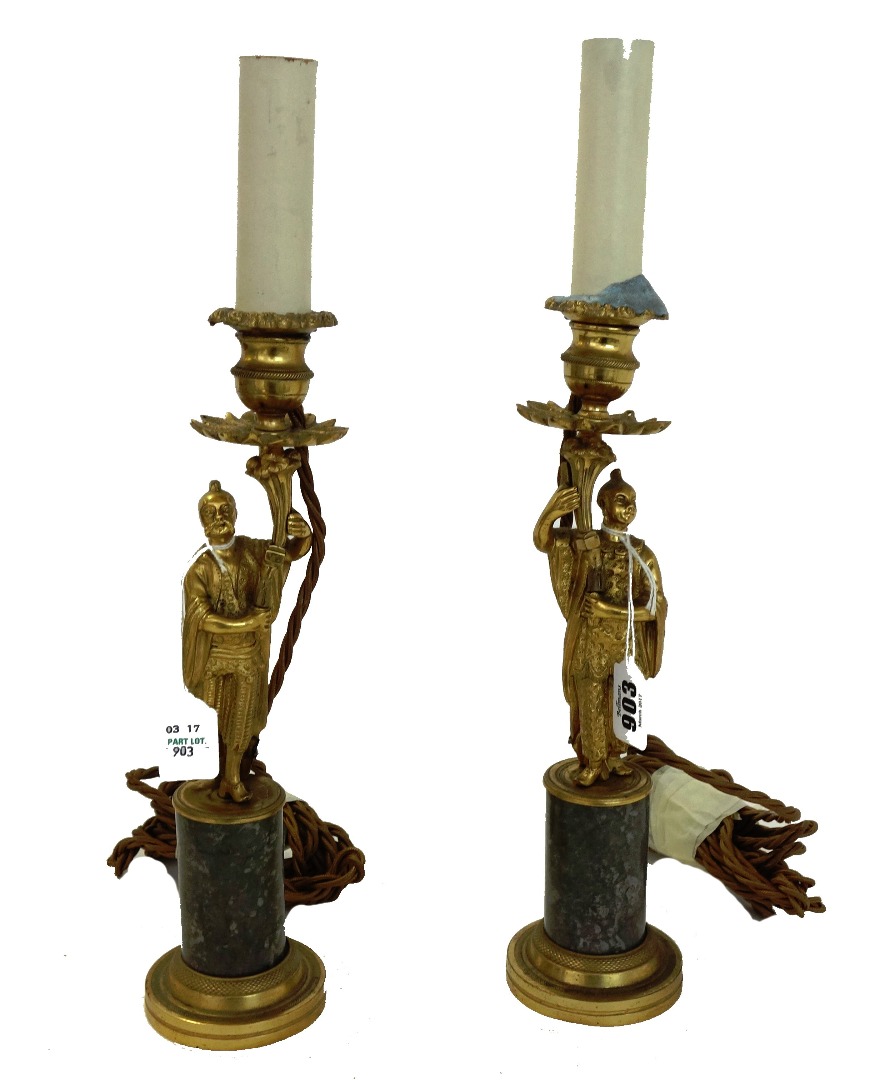 Appraisal: A pair of brass and marble figural candlesticks adapted to