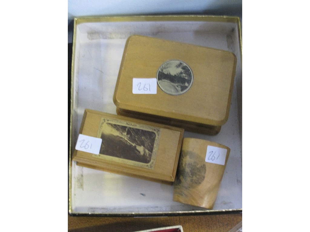 Appraisal: Lot comprising two mauchline boxes and a mauchline cup