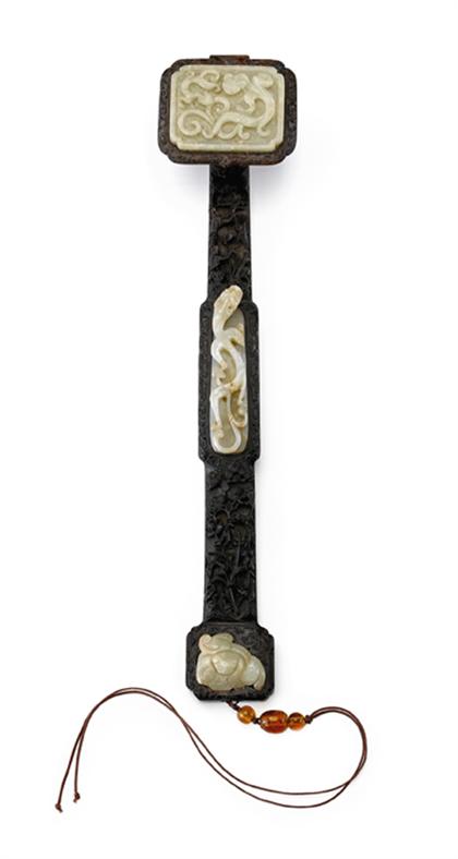 Appraisal: Rare Chinese reticulated zitan and jade ruyi scepter th century