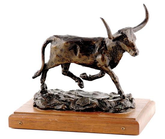 Appraisal: American school th century LONGHORN bronze mounted on wooden stand