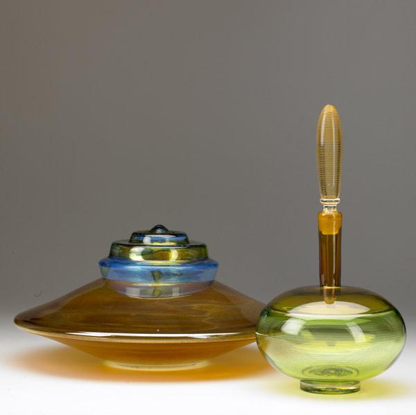 Appraisal: M NIEVALD Etc Two studio glass pieces squat lidded vessel