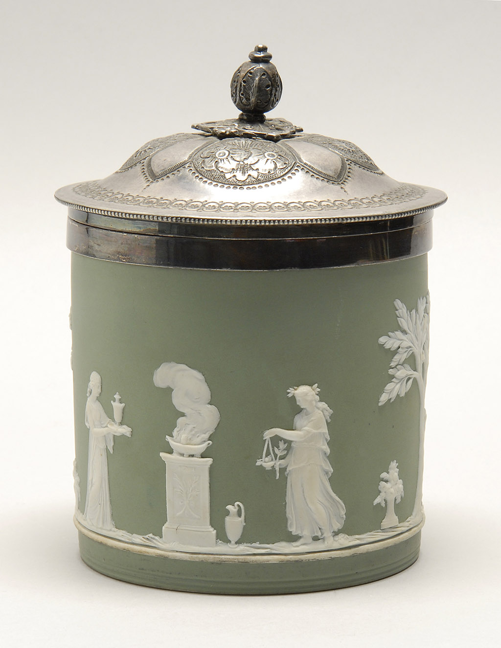 Appraisal: WEDGWOOD GREEN DIP JASPERWARE BISCUIT JAR England Late th Early