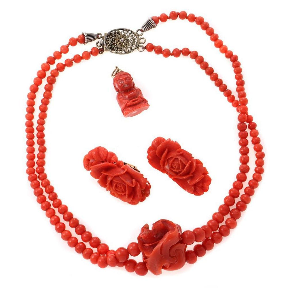 Appraisal: Collection of coral jewelry including a carved Buddha k gold