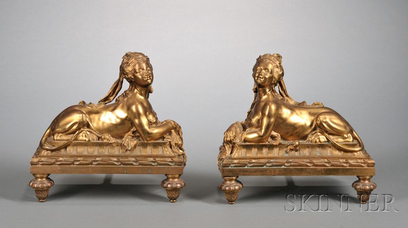 Appraisal: Pair of Louis XV Style Figural Bronze Chenet late th