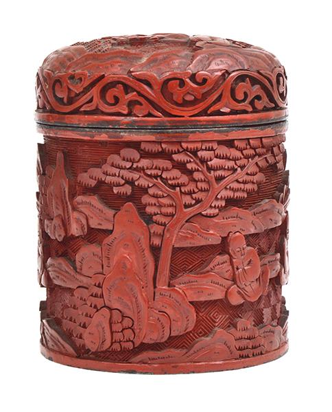 Appraisal: A CHINESE CINNABAR CARVED CYLINDRICAL BOX TH TH CENTURY rubbed