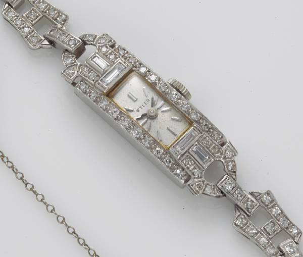 Appraisal: An art deco lady's diamond wristwatch Wyler estimated total diamond