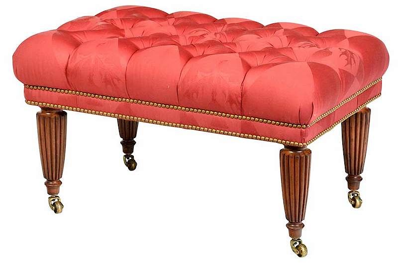 Appraisal: Regency Style Tufted Upholstered Ottoman th century red damask upholstery