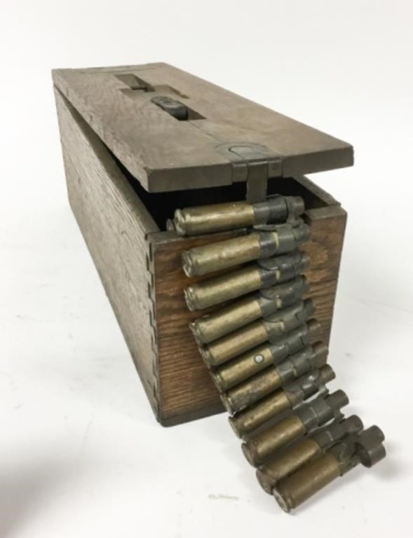 Appraisal: WOODEN AMMUNITION BOX WITH WWII ERA BULLET BELTShells marked SL