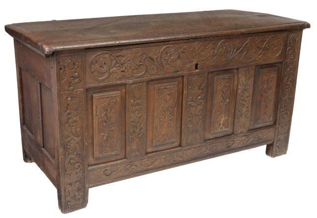 Appraisal: English carved oak coffer bride's chest th th c rectangular