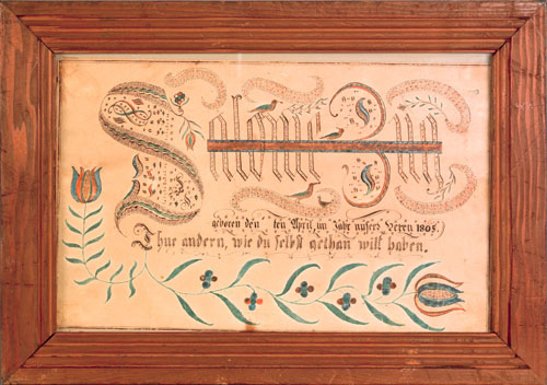 Appraisal: Southeastern Pennsylvania ink and watercolor fraktur dated with stylized script