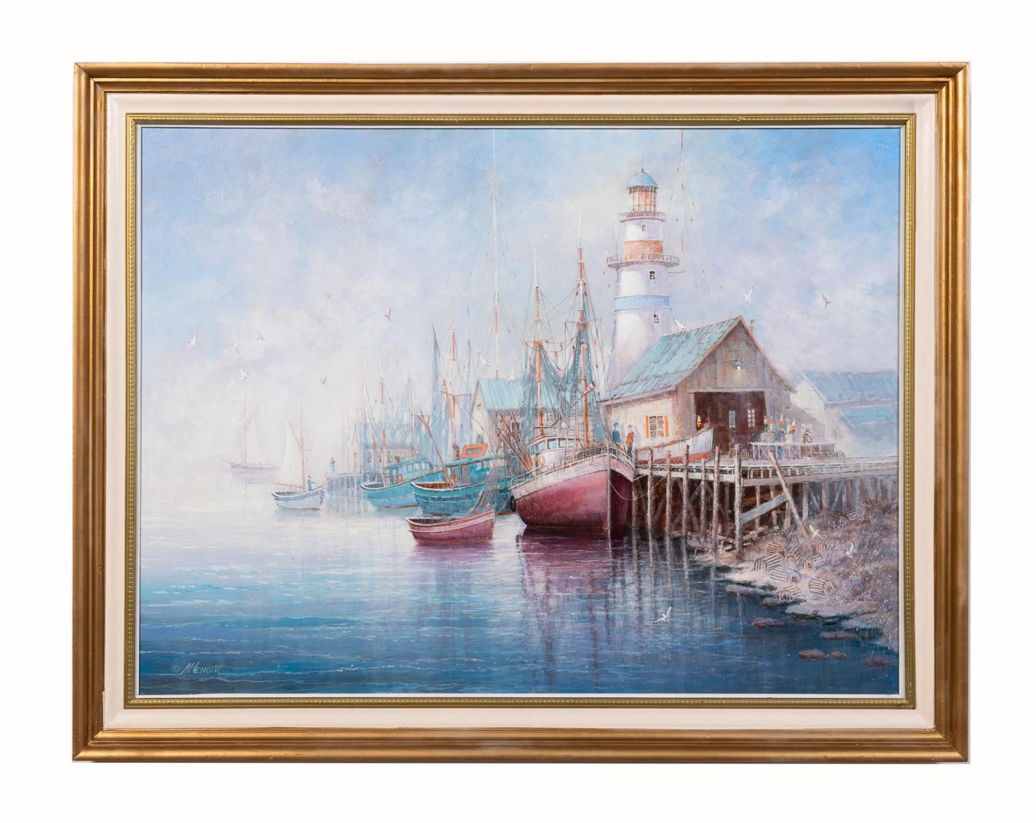 Appraisal: MILTON LENOIR DOCK SCENE W LIGHTHOUSE A C Milton Lenoir