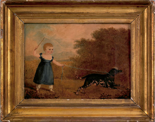 Appraisal: Oil on canvas of a young boy with his dog