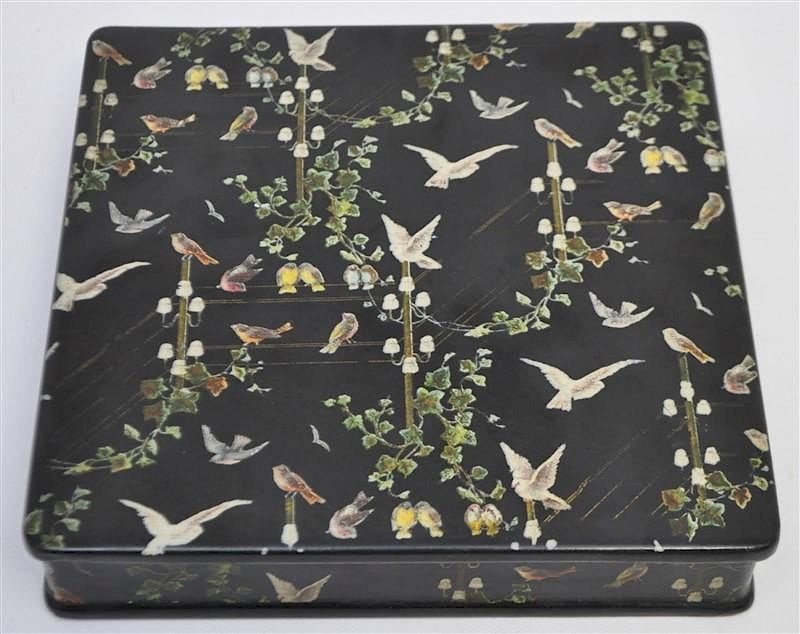 Appraisal: ANTIQUE BLACK LACQUER BOX HAND PAINTED BIRDS Antique Black Lacquer