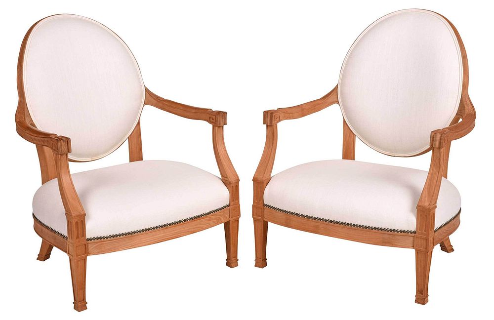 Appraisal: Pair Neoclassical Style Teakwood Open Armchairs modern teak or other