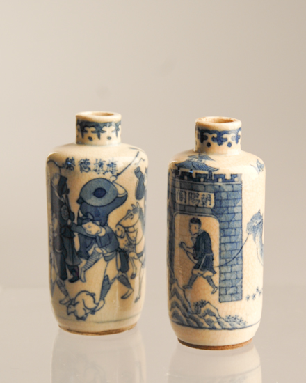 Appraisal: Two th C Blue White Porcelain Snuff Bottles both cylindrical