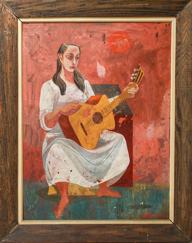 Appraisal: Anton Refregier Woman Playing Guitar Oil on Board Anton Refregier