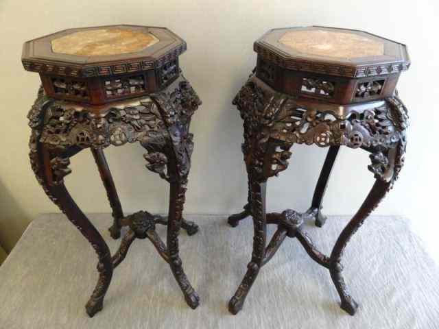 Appraisal: Pair of Carved Wood Chinese Marbletop Tables Nice quality pedestal