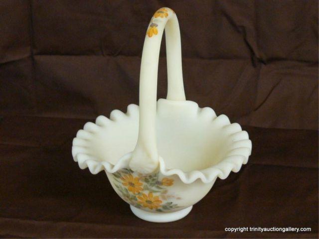 Appraisal: Fenton Custard Glass Handled Basket - Signed - hand painted