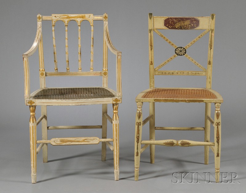 Appraisal: Harlequin Set of Eight Fancy Painted and Parcel-gilt Caned Seat