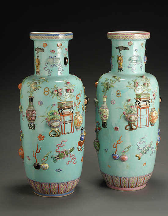 Appraisal: Pair of Chinese Relief-Molded 'Famille Rose' 'Precious Objects' Turquoise Ground