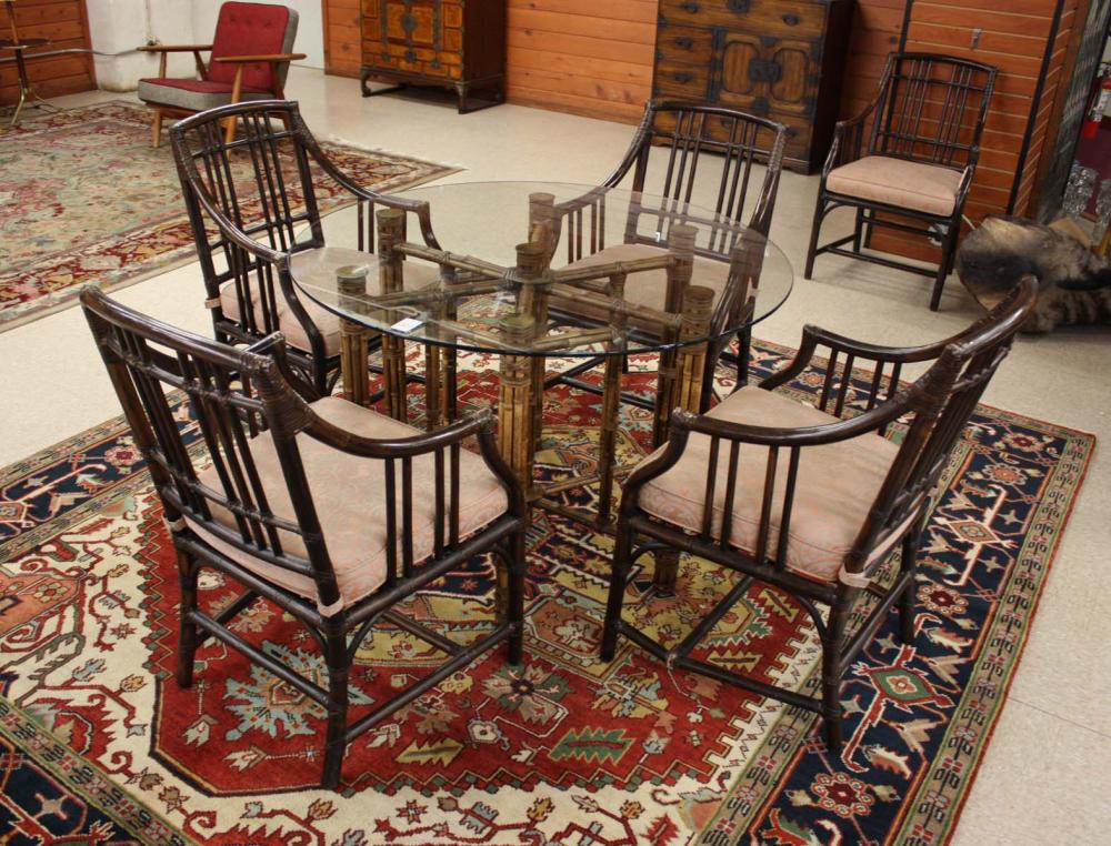 Appraisal: MCGUIRE DINING TABLE AND SIX ARMCHAIRS GROUP McGuire Furniture Co