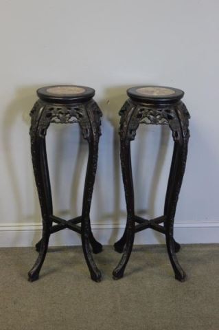 Appraisal: Pair of Vintage Chinese Hardwood Marble TopPedestal Tables From a