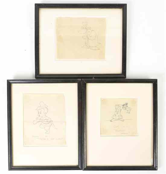 Appraisal: Three Walt Disney Cartoon Drawings one depicting Goofy one of