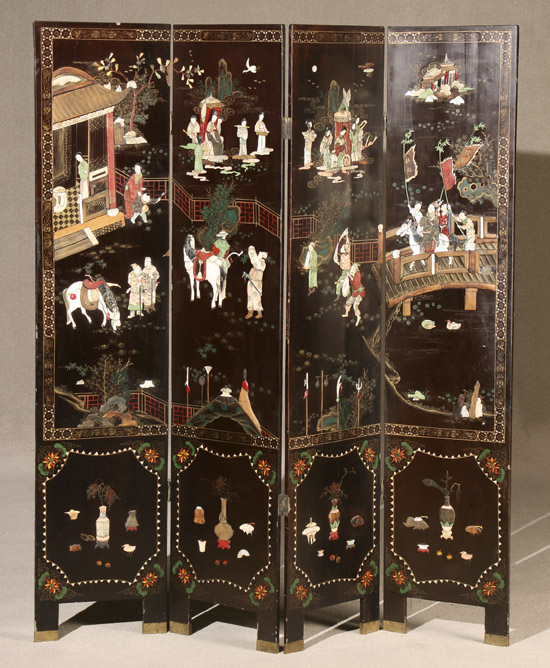 Appraisal: Chinese Colored Bone and Hardstone Inlaid Polychromed Black Lacquered Four-Panel