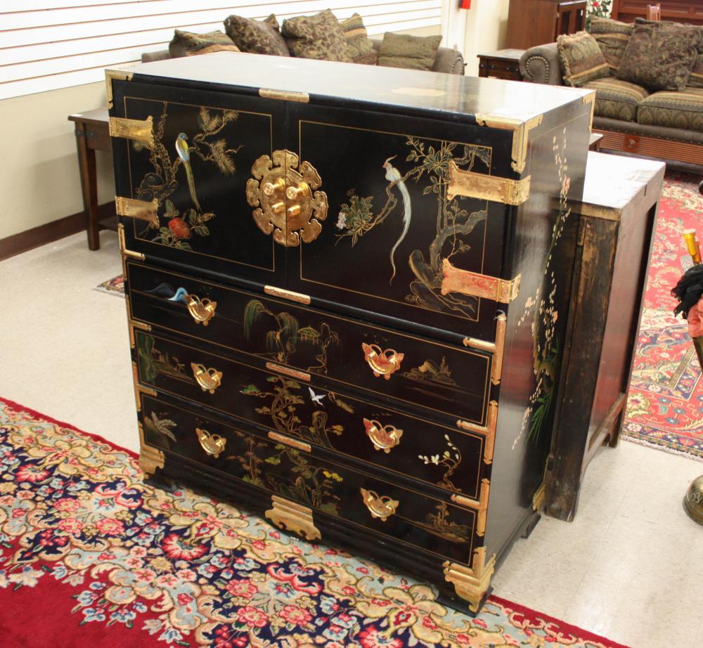 Appraisal: CONTEMPORARY CHINESE EXPORT DRESSER overall paint decorated black lacquer finish