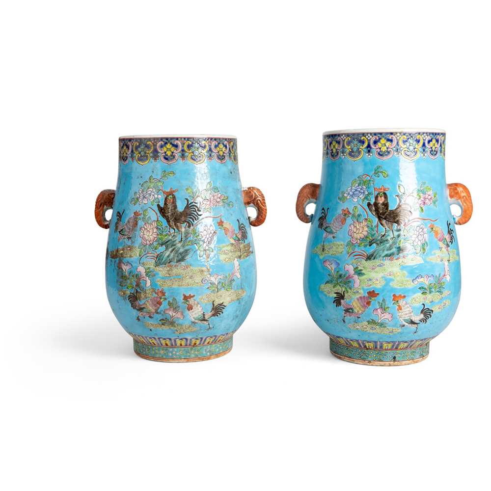 Appraisal: PAIR OF BLUE-GROUND FAMILLE ROSE VASES LATE QING DYNASTY-REPUBLIC PERIOD