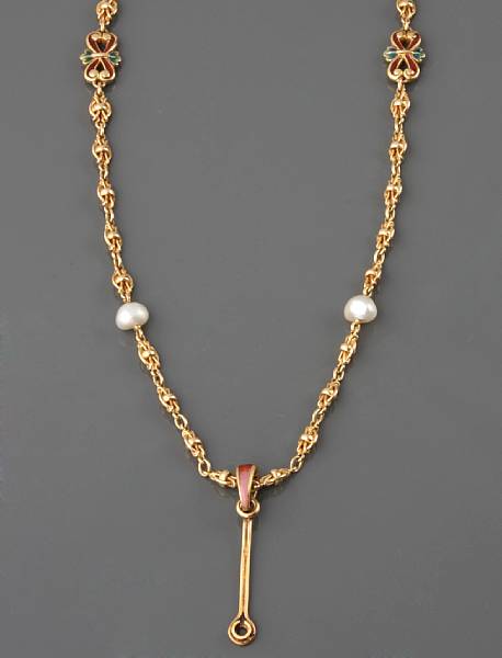 Appraisal: A gold pearl and enamel chain French g gross length