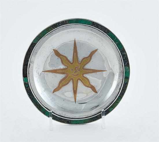 Appraisal: Taxco mixed-metal dish by Los Castillo circa - malachite-inset round