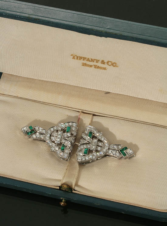 Appraisal: Pair of Art Deco Platinum Diamond and Emerald Brooch Clips