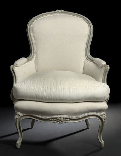 Appraisal: Louis XV Carved and Gris-de-Trianon-Painted Beechwood Bergere en Cabriolet first