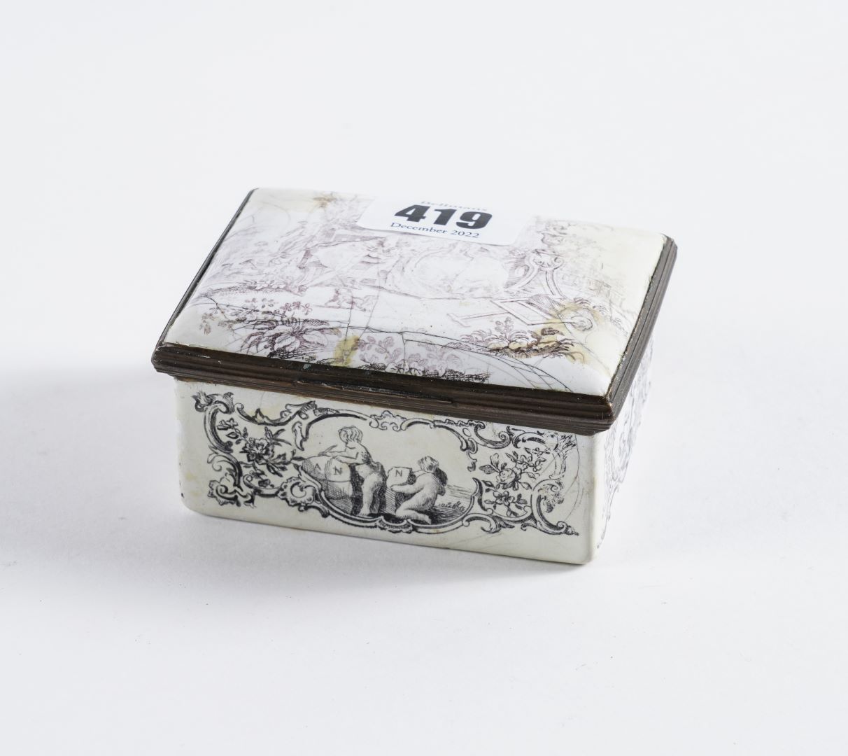 Appraisal: A RECTANGULAR ENAMEL SNUFF BOX Probably Battersea circa With gilt