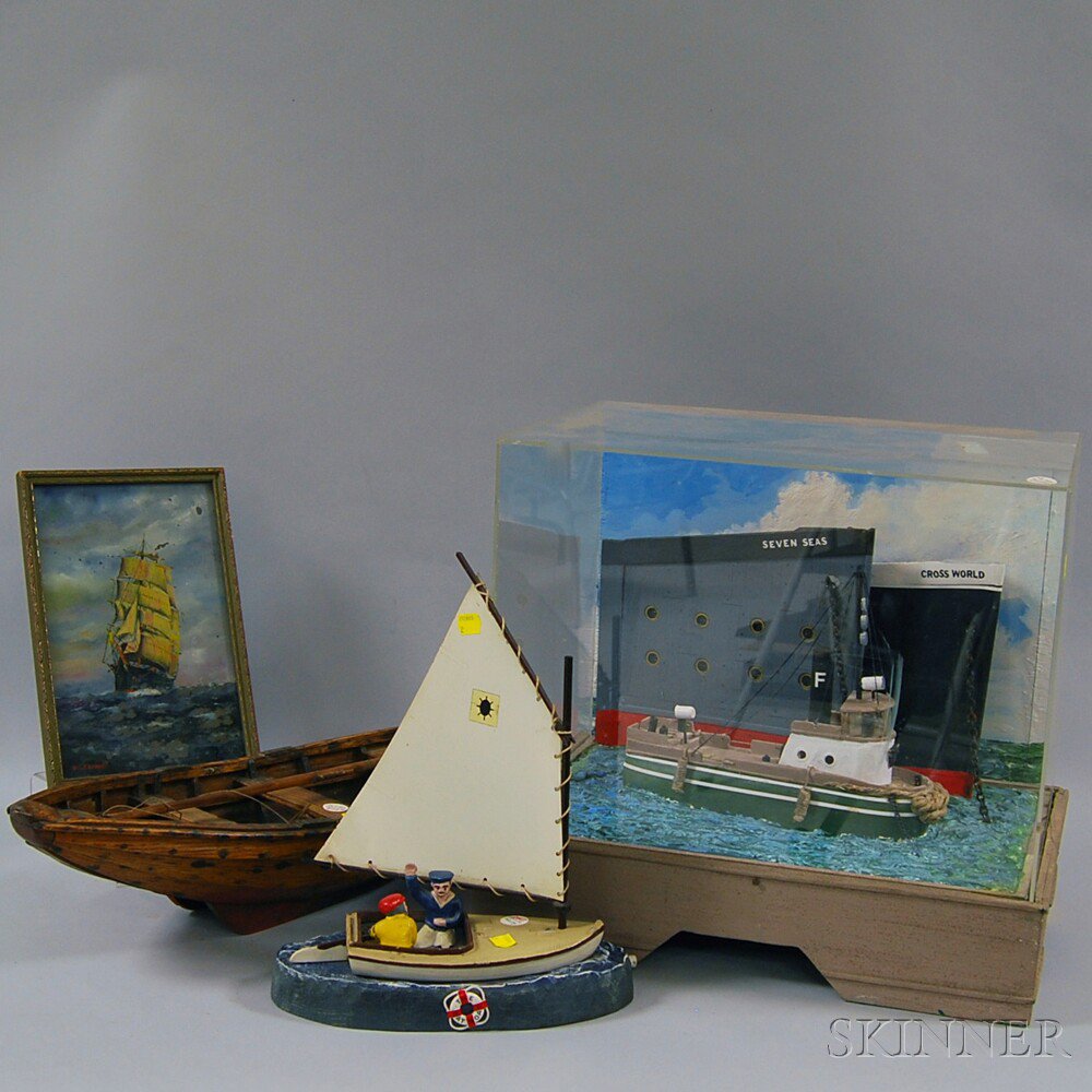 Appraisal: Four Nautical-themed Items a cased diorama of a tugboat a