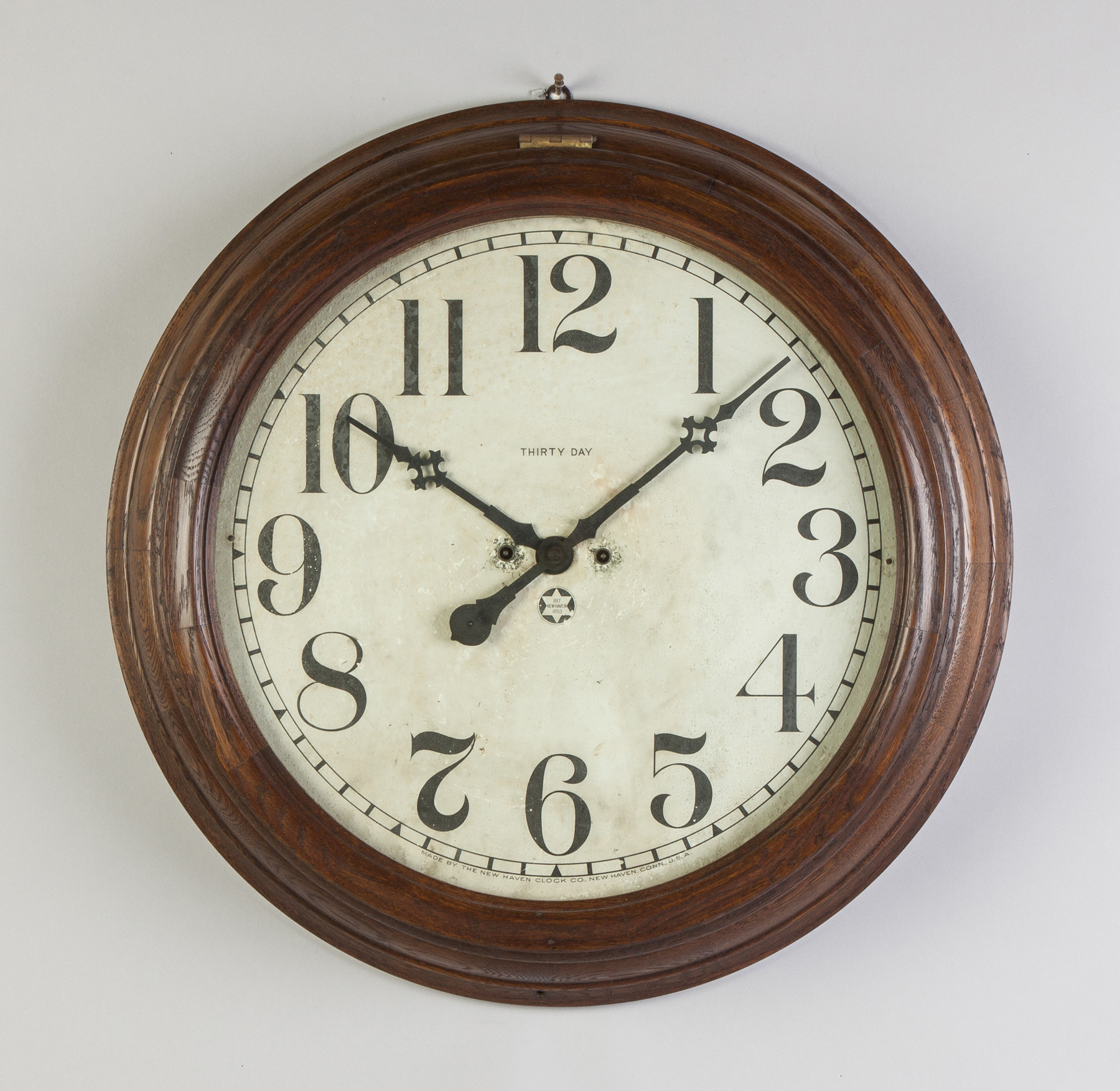 Appraisal: New Haven Oak Gallery Clock Old refinish on case Original