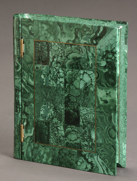 Appraisal: Continental Brass Inlaid Parquetry Malachite Book-Form Mineral Specimen Box Probably