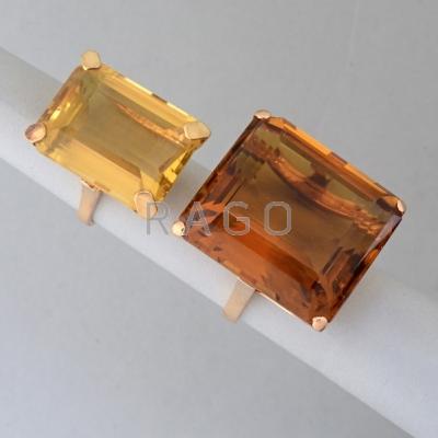 Appraisal: TWO BRAZILIAN K GOLD QUARTZ RINGS ca Semi-square orange quartz