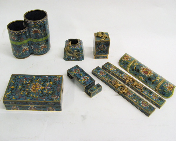 Appraisal: A CHINESE CLOISONNE ENAMEL DESK TOP SET OF SEVEN double