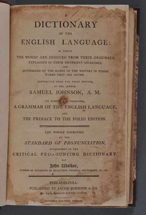 Appraisal: FIRST AMERICAN EDITION JOHNSON SAMUEL A DICTIONARY OF THE ENGLISH